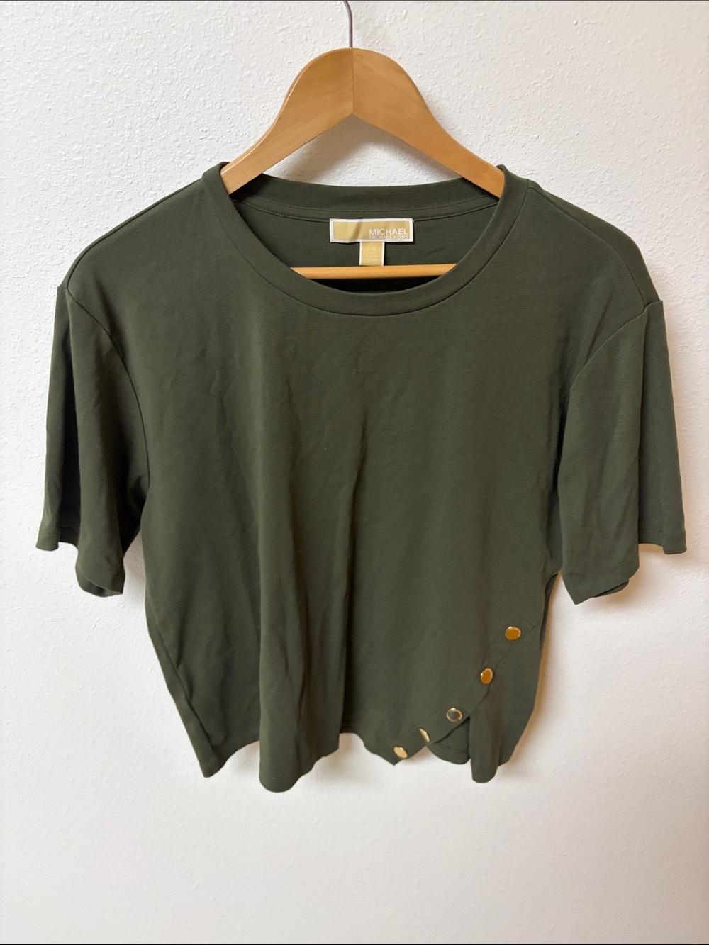 Michael Kors Olive Short Sleeve Tee with Gold Stud Accents women’s size L